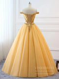 Prom Dress 2025 Cheap Off the Shoulder Gold Beaded Quinceanera Dresses Sweet 15 Dress FD1682-unique prom dresses-Gold-Custom Size-Viniodress