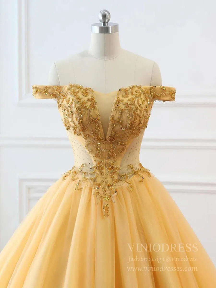 Prom Dress 2025 Cheap Off the Shoulder Gold Beaded Quinceanera Dresses Sweet 15 Dress FD1682-unique prom dresses-Gold-Custom Size-Viniodress