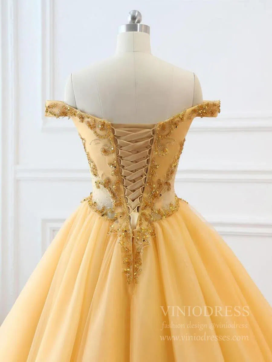 Prom Dress 2025 Cheap Off the Shoulder Gold Beaded Quinceanera Dresses Sweet 15 Dress FD1682-unique prom dresses-Gold-Custom Size-Viniodress