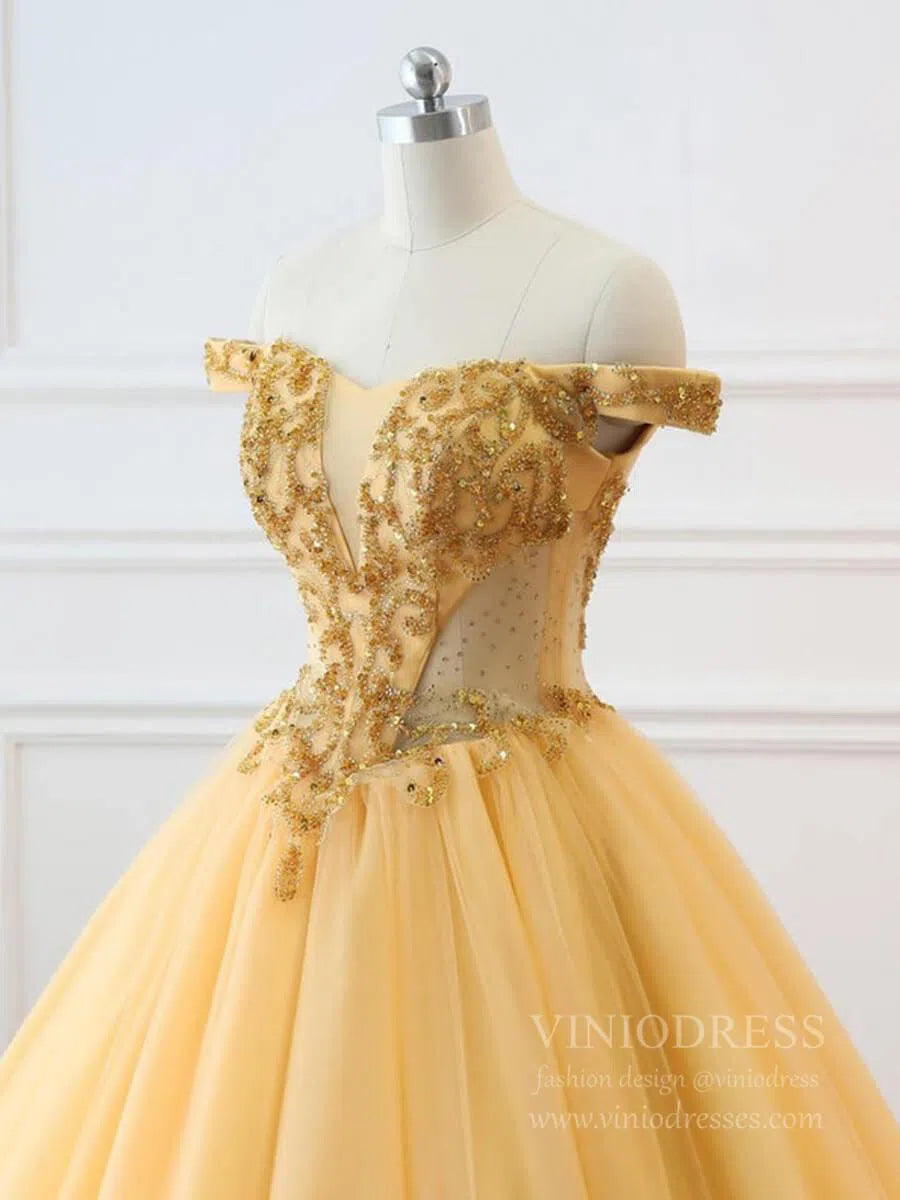 Prom Dress 2025 Cheap Off the Shoulder Gold Beaded Quinceanera Dresses Sweet 15 Dress FD1682-unique prom dresses-Gold-Custom Size-Viniodress