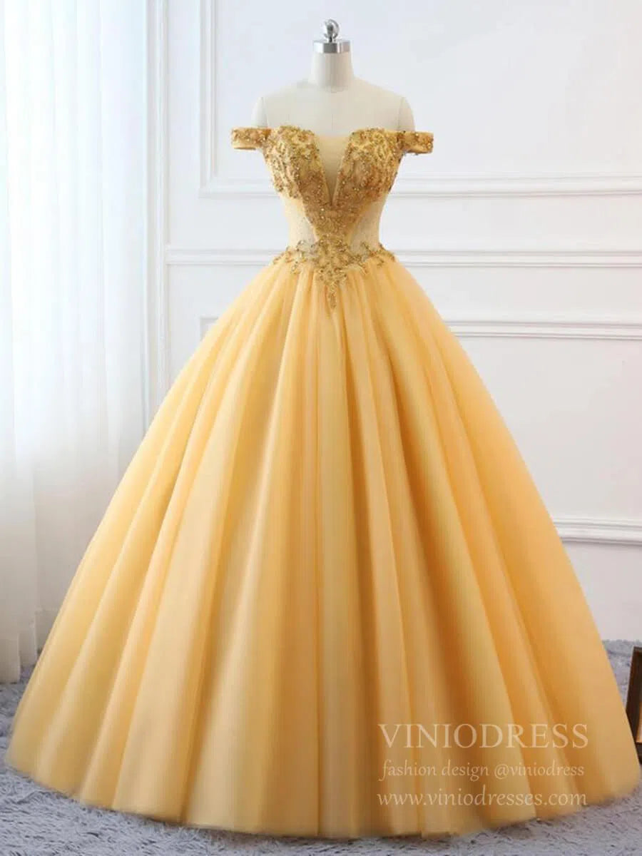 Prom Dress 2025 Cheap Off the Shoulder Gold Beaded Quinceanera Dresses Sweet 15 Dress FD1682-unique prom dresses-Gold-Custom Size-Viniodress