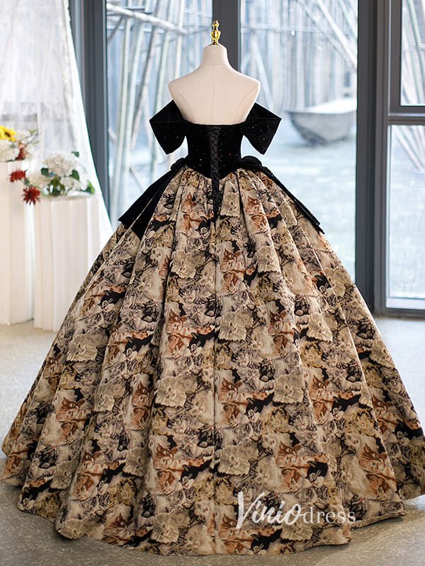 Off the Shoulder Kitty Print Satin Prom Dress FD3512 - Viniodressprom dressesAs PictureCustom Size - Formal Dresses - Ball Gowns