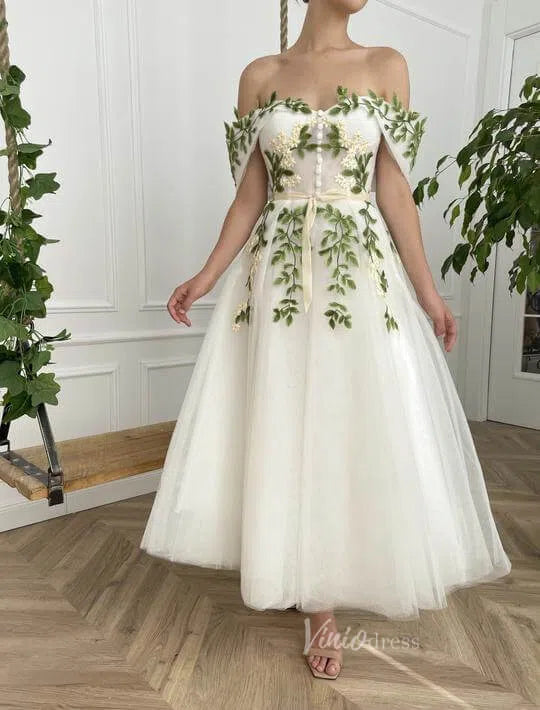 Prom Dress 2025 Off the Shoulder Maxi Formal Dress Green Leaf Appliqued Prom Dress FD1734-unique prom dresses-Ivory-Custom Size-Viniodress