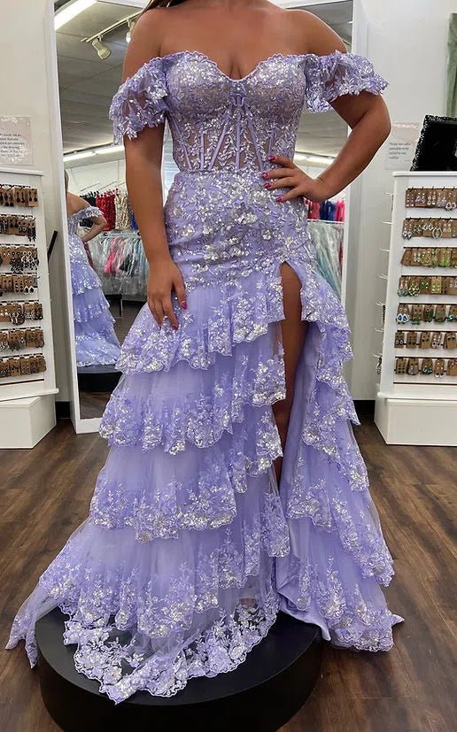 Off the Shoulder Red Sequin Lace Ruffle Prom Dresses with Slit FD3637B - Viniodressprom dressesLavenderCustom Size - Formal Dresses - Ball Gowns