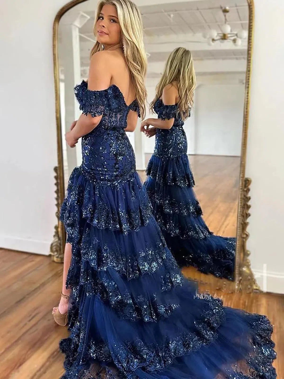 Off the Shoulder Red Sequin Lace Ruffle Prom Dresses with Slit FD3637B - Viniodressprom dressesLight BlueCustom Size - Formal Dresses - Ball Gowns