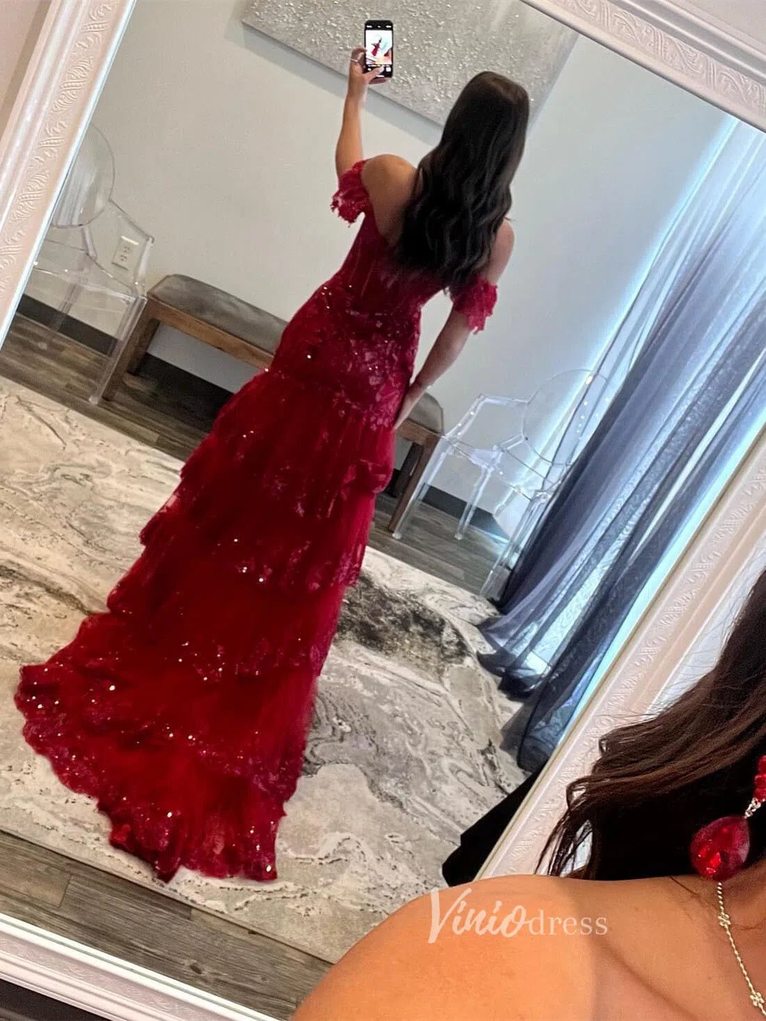 Off the Shoulder Red Sequin Lace Ruffle Prom Dresses with Slit FD3637B - Viniodressprom dressesRedCustom Size - Formal Dresses - Ball Gowns