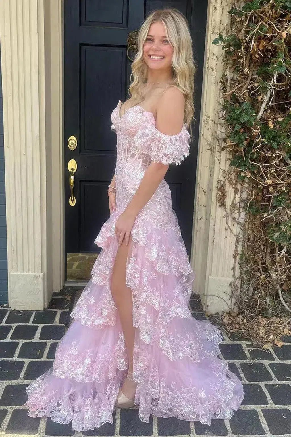 Off the Shoulder Red Sequin Lace Ruffle Prom Dresses with Slit FD3637B - Viniodressprom dressesPinkCustom Size - Formal Dresses - Ball Gowns