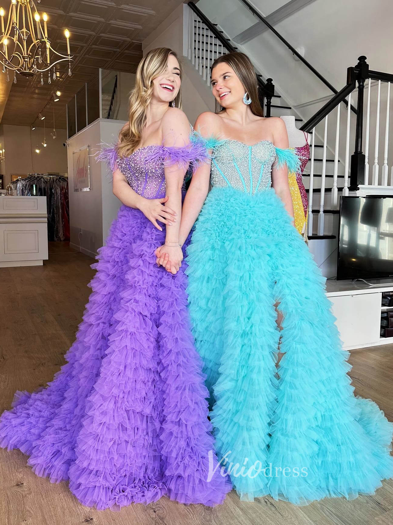 Prom Dress 2025 Off the Shoulder Ruffled Tulle Prom Dress with Slit FD2976B-unique prom dresses-Lavender-Custom Size-Viniodress