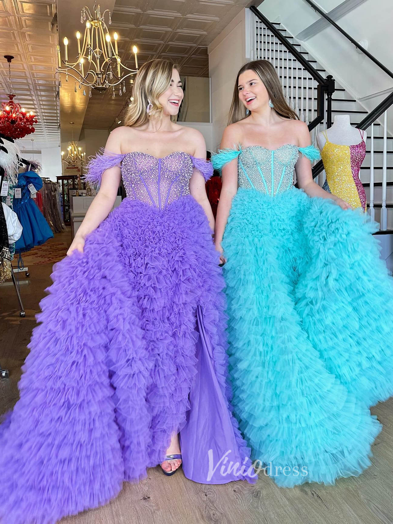 Prom Dress 2025 Off the Shoulder Ruffled Tulle Prom Dress with Slit FD2976B-unique prom dresses-Lavender-Custom Size-Viniodress