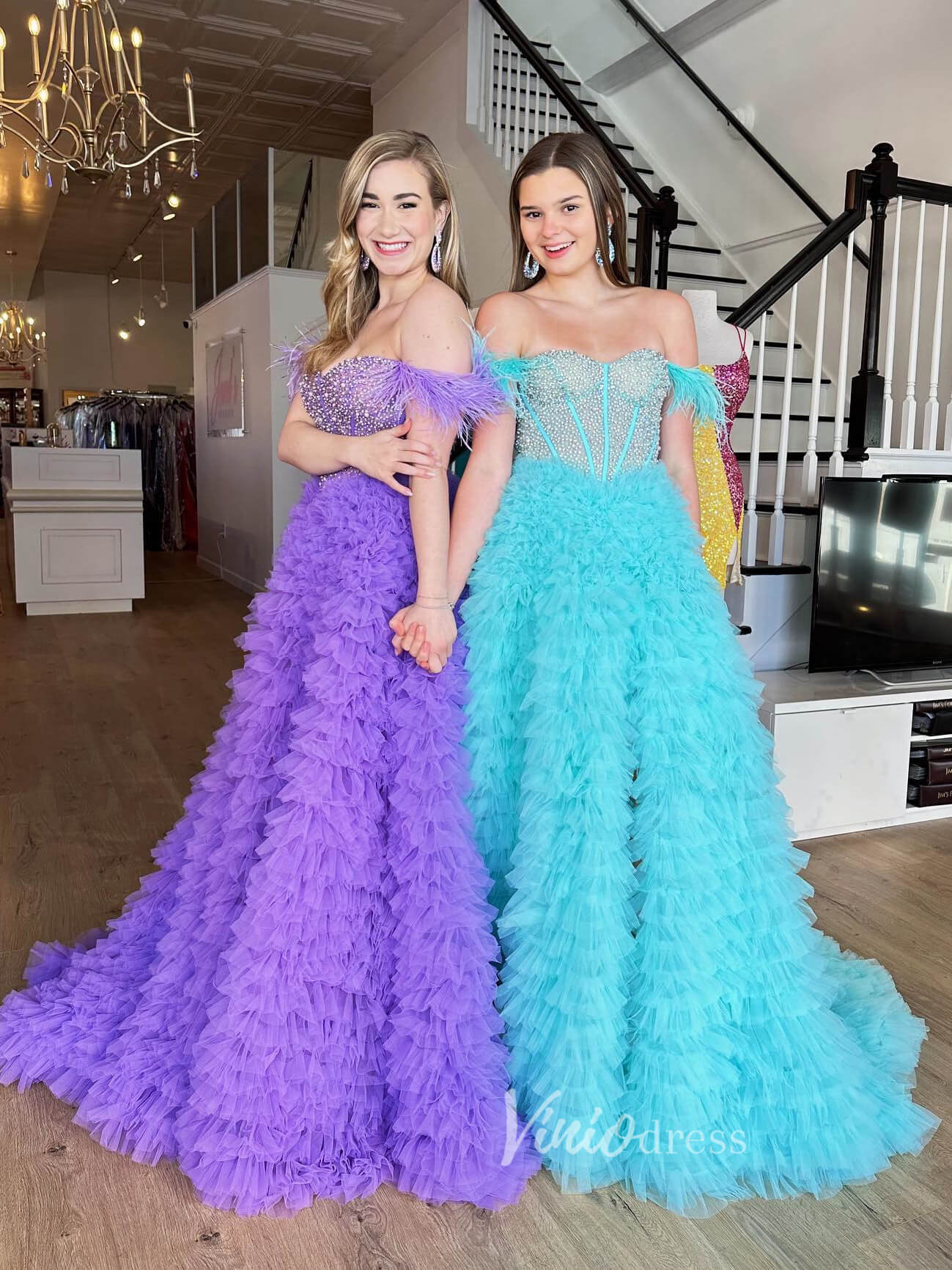 Prom Dress 2025 Off the Shoulder Ruffled Tulle Prom Dress with Slit FD2976B-unique prom dresses-Lavender-Custom Size-Viniodress