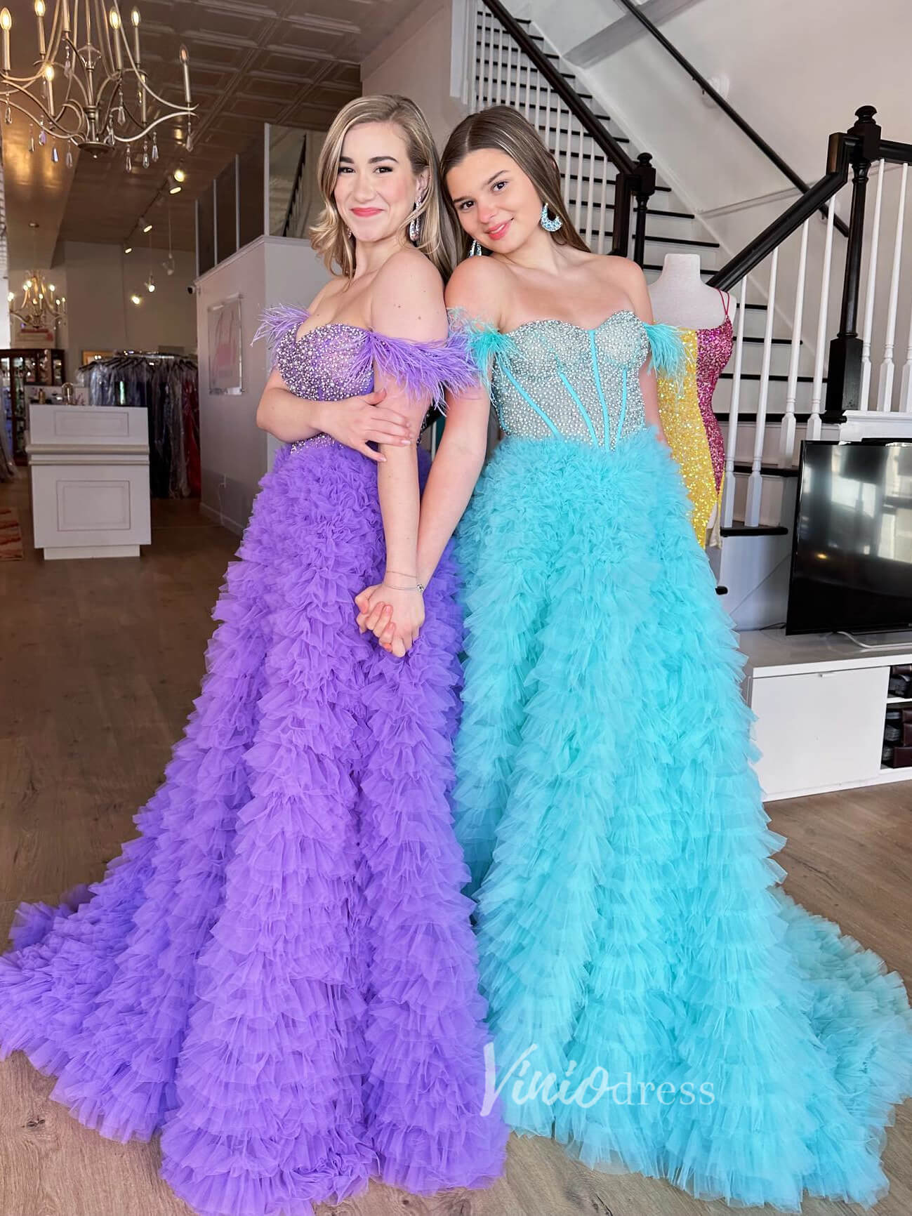 Prom Dress 2025 Off the Shoulder Ruffled Tulle Prom Dress with Slit FD2976B-unique prom dresses-Lavender-Custom Size-Viniodress