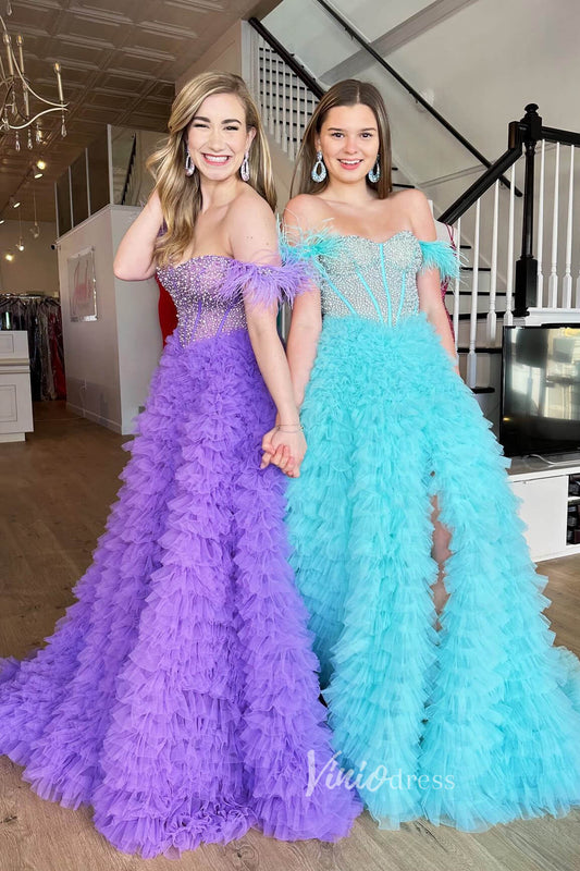 Prom Dress 2025 Off the Shoulder Ruffled Tulle Prom Dress with Slit FD2976B-unique prom dresses-Lavender-Custom Size-Viniodress