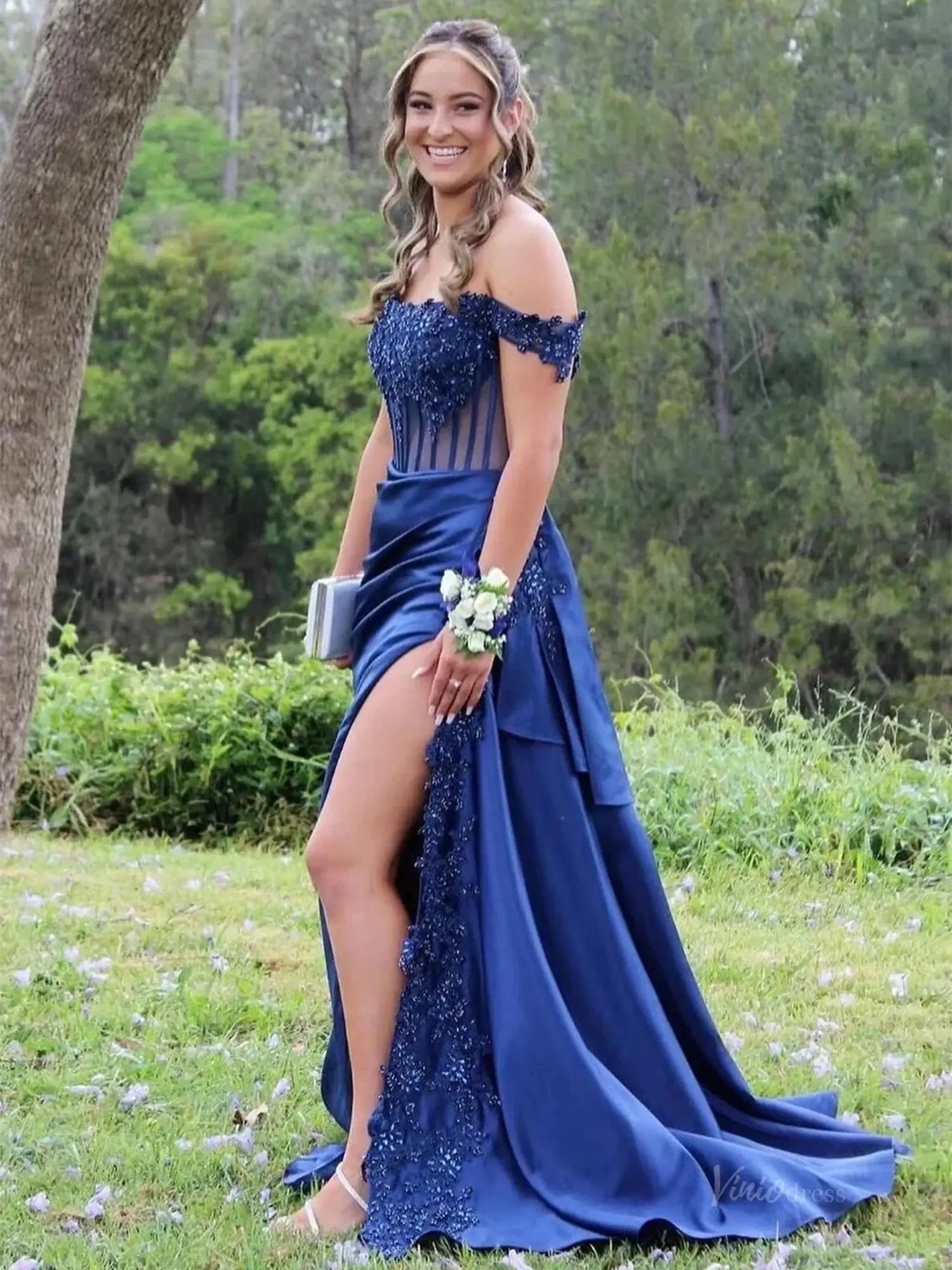 prom dresses 2025-to impress Off the Shoulder Satin Mermaid Prom Dresses 2025 with Slit & Lace Bodice – FD5063-plus size wedding dresses Viniodress-Blue-Custom Size-