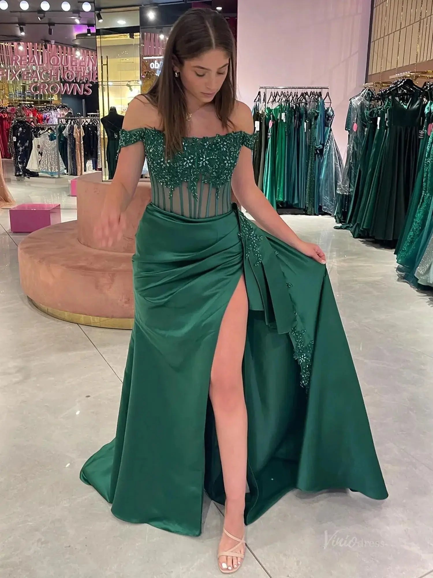 prom dresses 2025-to impress Off the Shoulder Satin Mermaid Prom Dresses 2025 with Slit & Lace Bodice – FD5063-plus size wedding dresses Viniodress-Green-Custom Size-