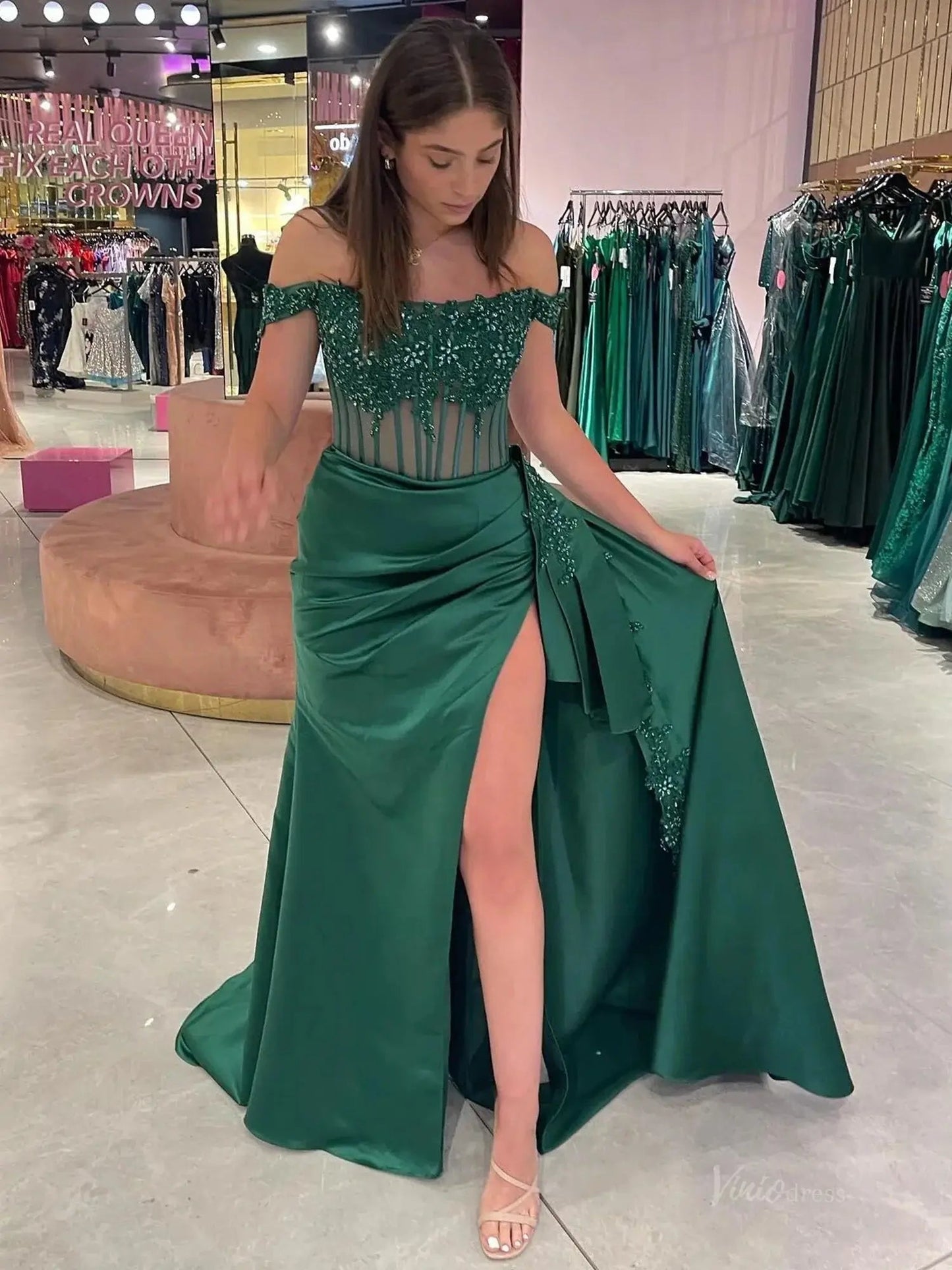 Off the Shoulder Satin Mermaid Prom Dresses 2025 with Slit & Lace Bodice – FD5063 - Viniodressprom dressesGreenCustom Size - Formal Dresses - Ball Gowns