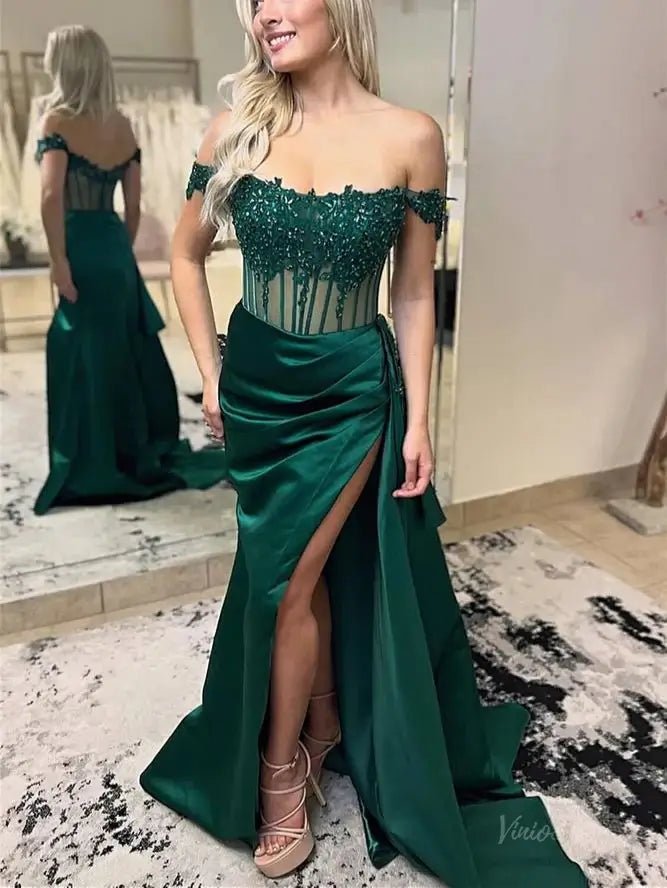 Off the Shoulder Satin Mermaid Prom Dresses 2025 with Slit & Lace Bodice – FD5063 - Viniodressprom dressesGreenCustom Size - Formal Dresses - Ball Gowns