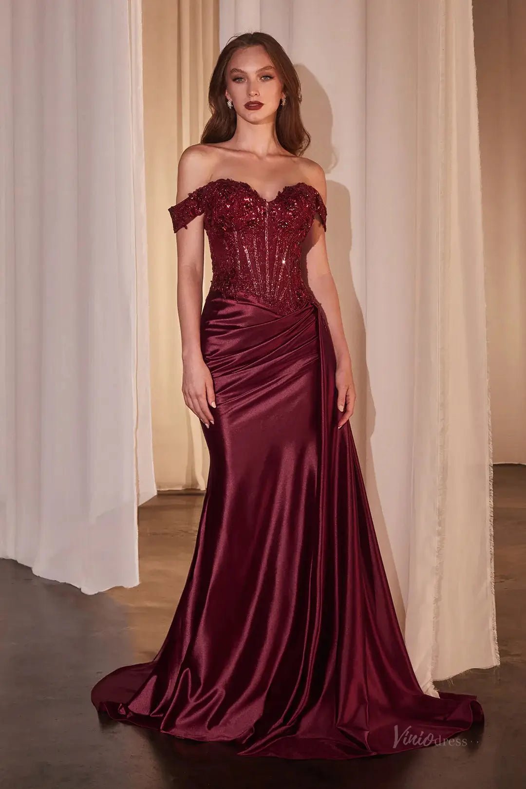 Off the Shoulder Satin Mermaid Prom Dresses 2025 with Slit & Sparkly Lace Bodice – FD5069 - Viniodressprom dressesBurgundyCustom Size - Formal Dresses - Ball Gowns