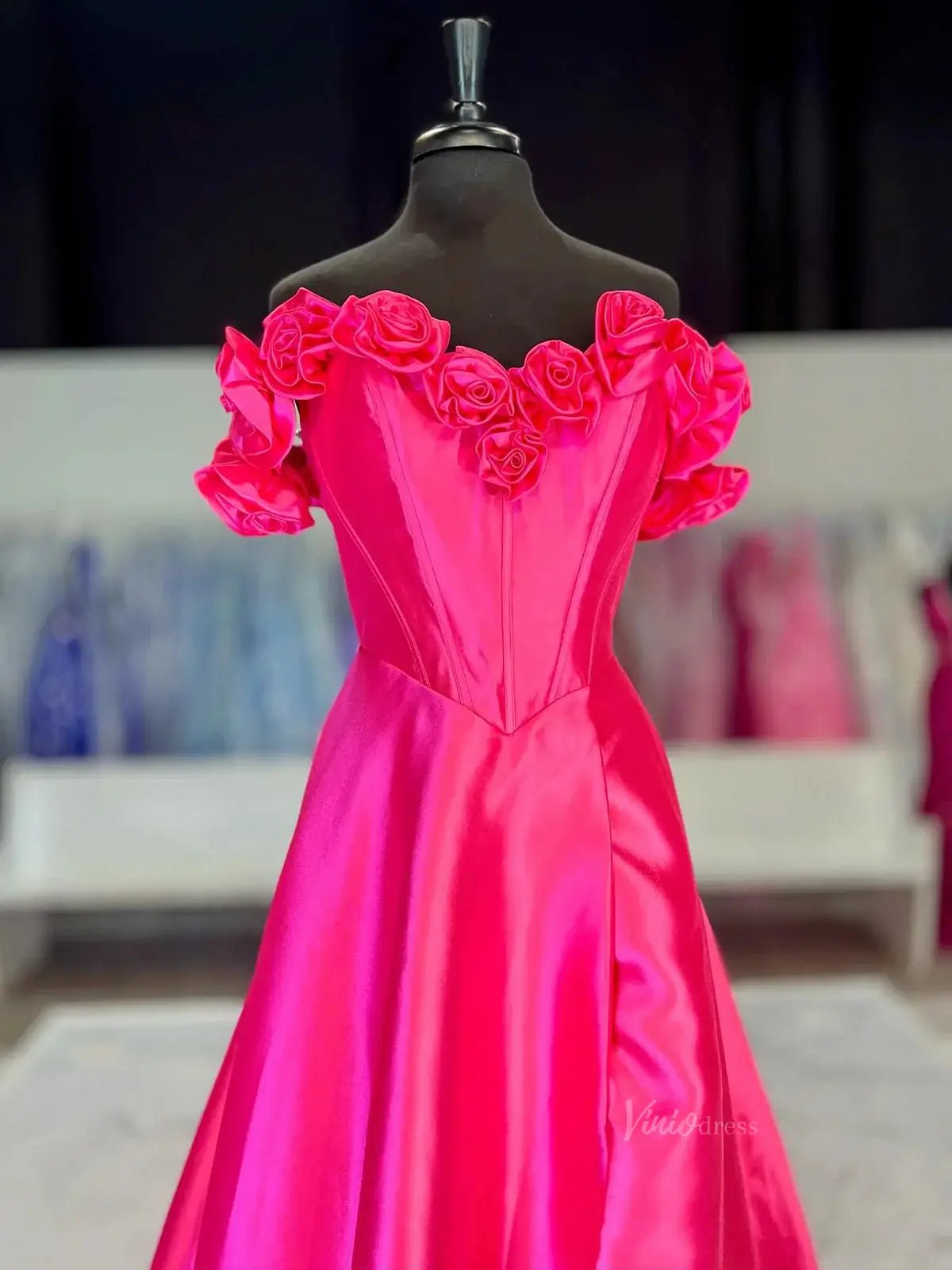 Off the Shoulder Satin Prom Dresses 3D Flower Formal Gown with Slit - FD5127 - Viniodressprom dressesPinkCustom Size - Formal Dresses - Ball Gowns