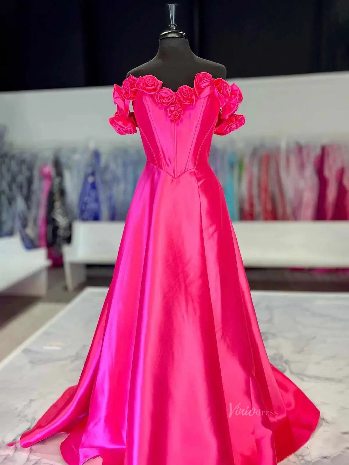 Off the Shoulder Satin Prom Dresses 3D Flower Formal Gown with Slit - FD5127 - Viniodressprom dressesPinkCustom Size - Formal Dresses - Ball Gowns