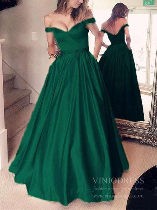 Prom Dress 2025 Cheap Off the Shoulder Simple Prom Dresses with Pockets FD1693-unique prom dresses-Emerald Green-Custom Size-Viniodress