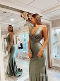 Prom Dress 2025 Olive Green Mermaid Satin Prom Dresses Plunging V-Neck Evening Dress FD2662-unique prom dresses-Green-Custom Size-Viniodress