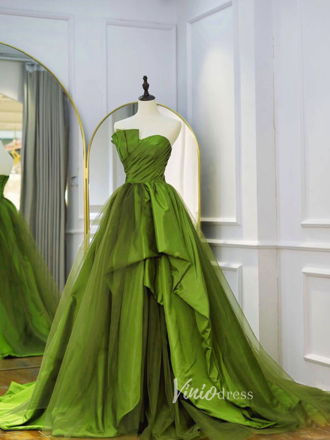 Prom Dress 2025 Olive Green Strapless Prom Dresses Tiered Evening Dress FD3122-unique prom dresses-Olive Green-Custom Size-Viniodress