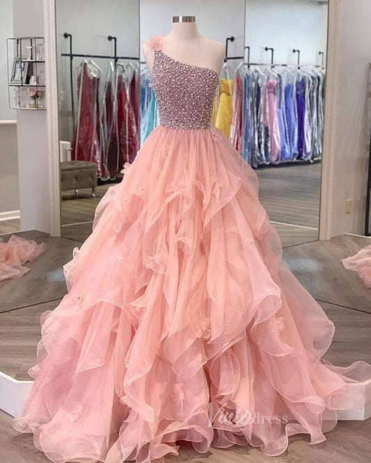 Prom Dress 2025 One Shoulder Blush Ruffle Prom Dresses Beaded FD1456-unique prom dresses-Blush Pink-Custom Size-Viniodress