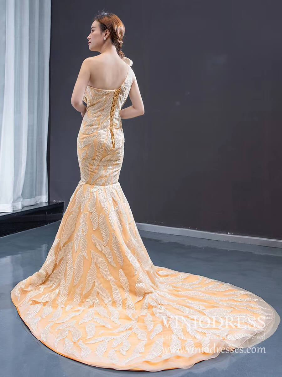 Prom Dress 2025 One Shoulder Champagne Lace Pageant Gown Mermaid Prom Dresses 2020 FD1984 viniodress-unique prom dresses-As Picture-US 2-Viniodress