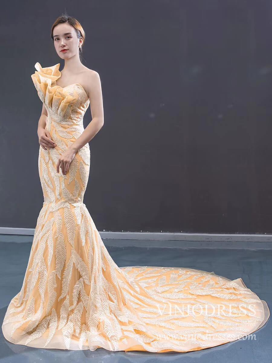 Prom Dress 2025 One Shoulder Champagne Lace Pageant Gown Mermaid Prom Dresses 2020 FD1984 viniodress-unique prom dresses-As Picture-US 2-Viniodress