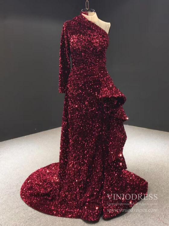 Prom Dress 2025 One Shoulder Dark Red Sequin Prom Dresses with Long Sleeves FD1993-unique prom dresses-Burgundy-Custom Size-Viniodress