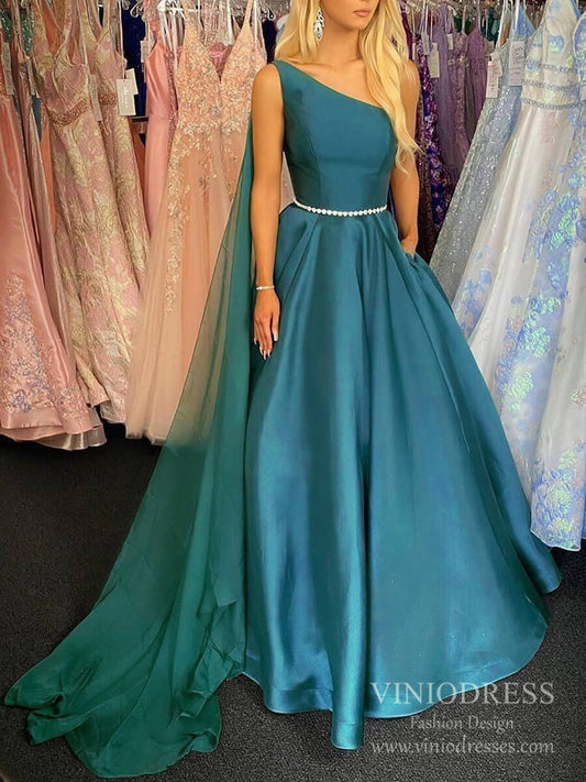 Prom Dress 2025 One Shoulder Green Satin Prom Dresses with Chiffon Watteau Train FD2536-unique prom dresses-Teal-Custom Size-Viniodress