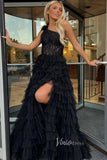 Prom Dress 2025 One Shoulder Ruffle Prom Dresses Long with Slit Lace Bodice FD3507-unique prom dresses-Black-Custom Size-Viniodress