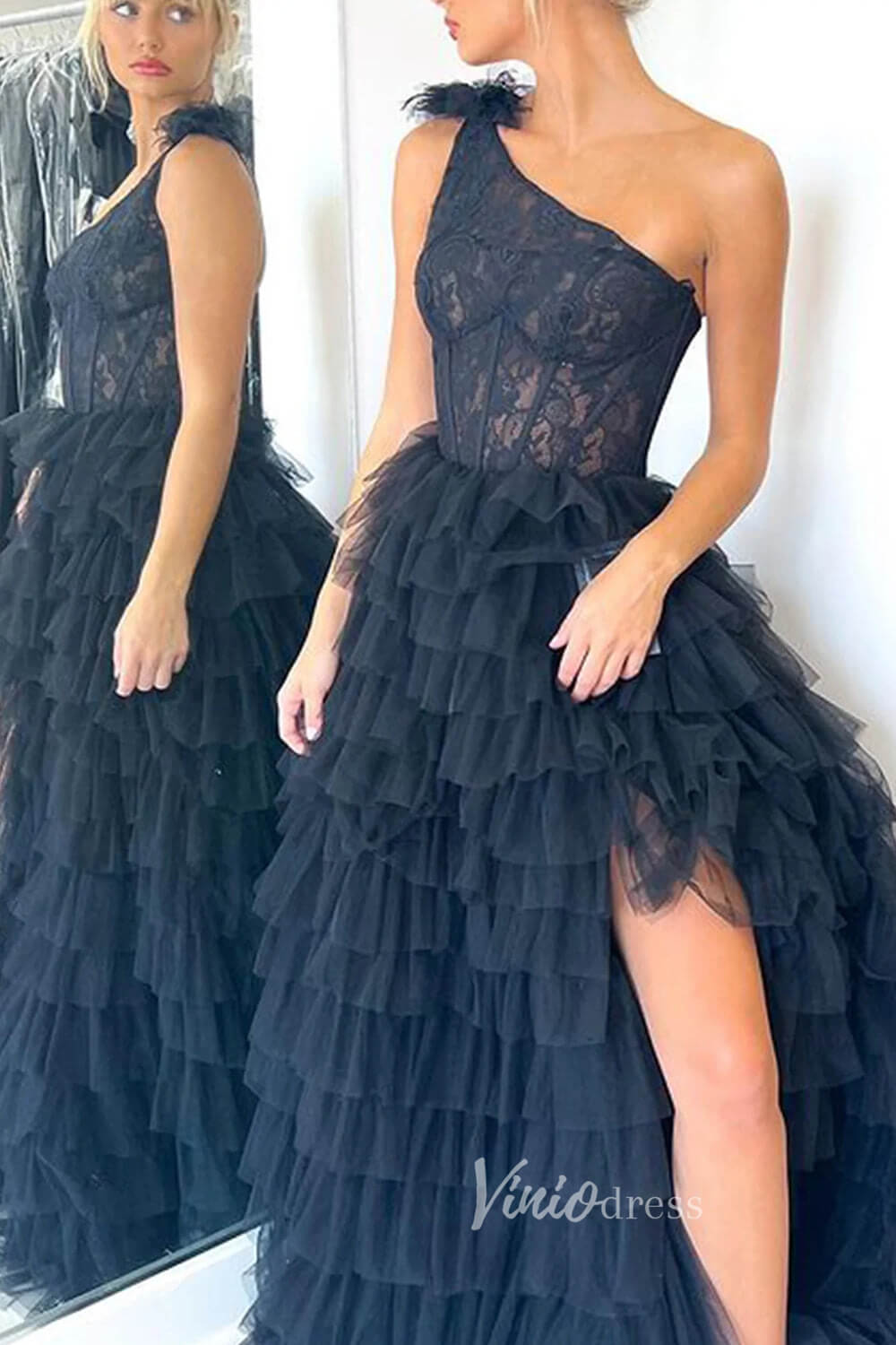 Prom Dress 2025 One Shoulder Ruffle Prom Dresses Long with Slit Lace Bodice FD3507-unique prom dresses-Navy Blue-Custom Size-Viniodress