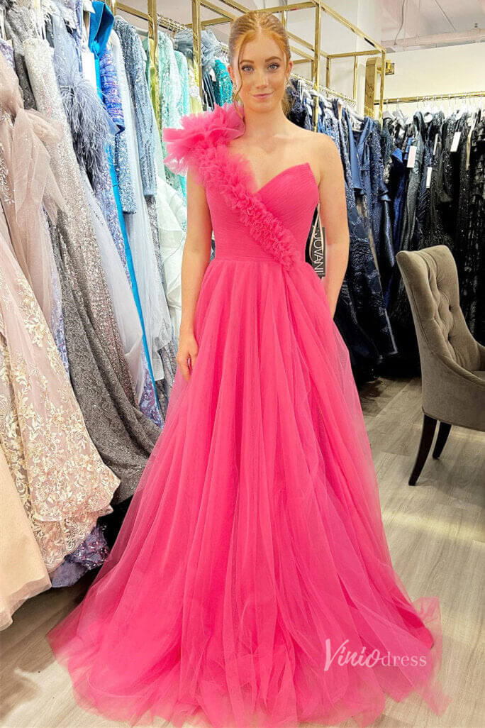 One Shoulder Ruffle Prom Dresses with Slit Pleated Bodice FD4030B - Viniodressprom dressesHot PinkCustom Size - Formal Dresses - Ball Gowns