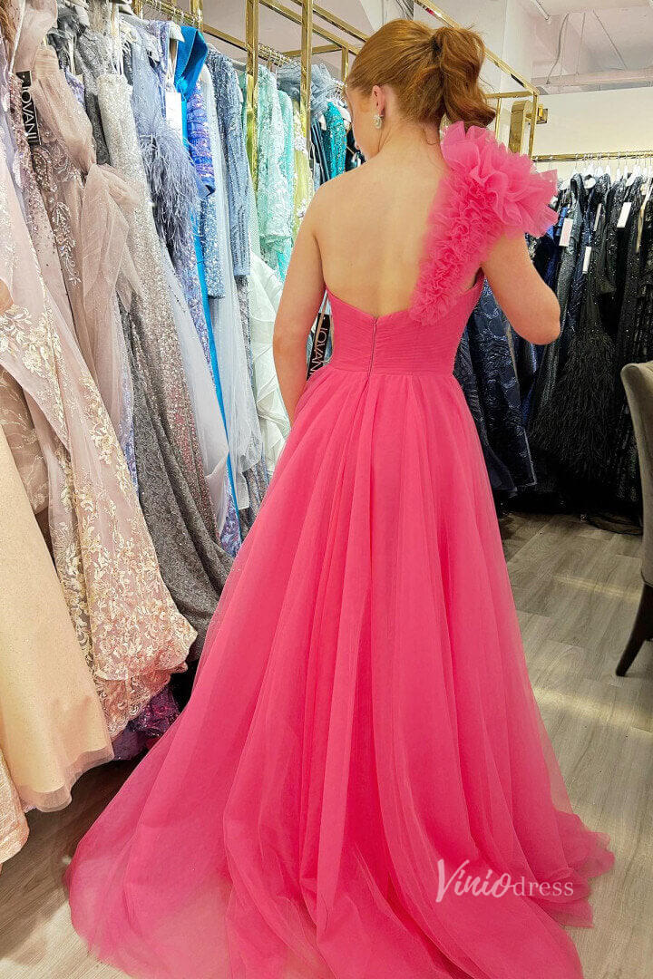 One Shoulder Ruffle Prom Dresses with Slit Pleated Bodice FD4030B - Viniodressprom dressesHot PinkCustom Size - Formal Dresses - Ball Gowns