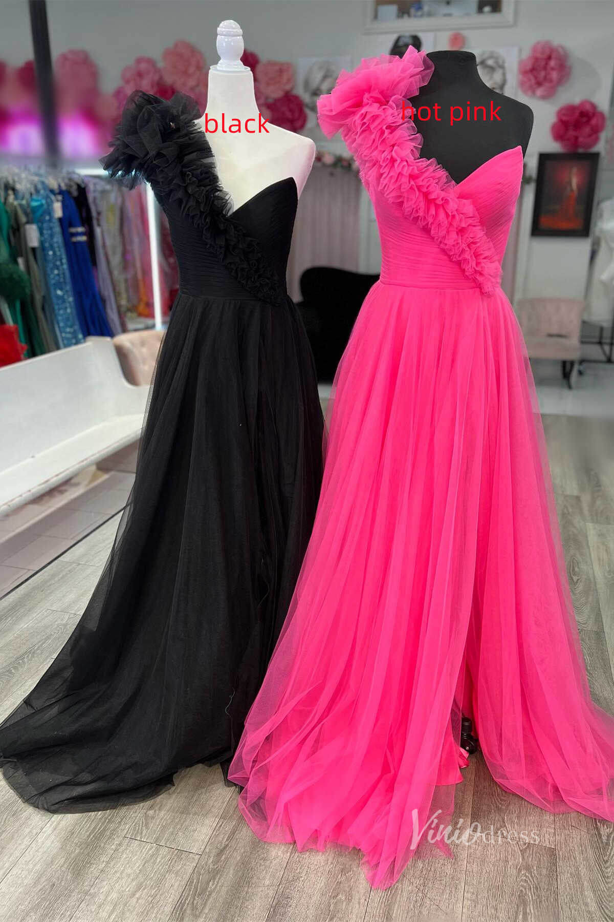 One Shoulder Ruffle Prom Dresses with Slit Pleated Bodice FD4030B - Viniodressprom dressesHot PinkCustom Size - Formal Dresses - Ball Gowns