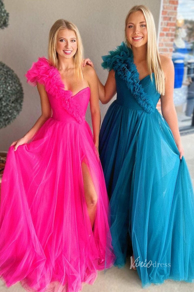 One Shoulder Ruffle Prom Dresses with Slit Pleated Bodice FD4030B - Viniodressprom dressesHot PinkCustom Size - Formal Dresses - Ball Gowns