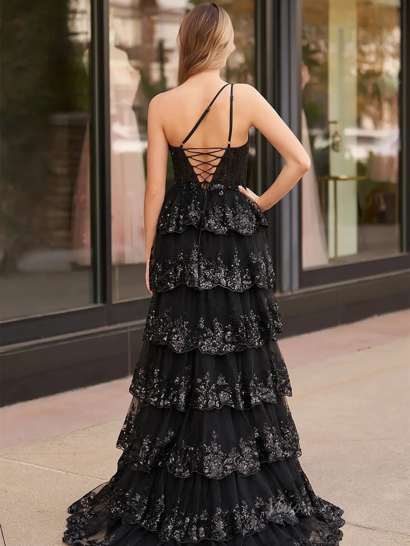 One Shoulder Tiered Prom Dresses with Slit Lace Applique Formal Dresses - FD3637e - Viniodressprom dressesBlackCustom Size - Formal Dresses - Ball Gowns