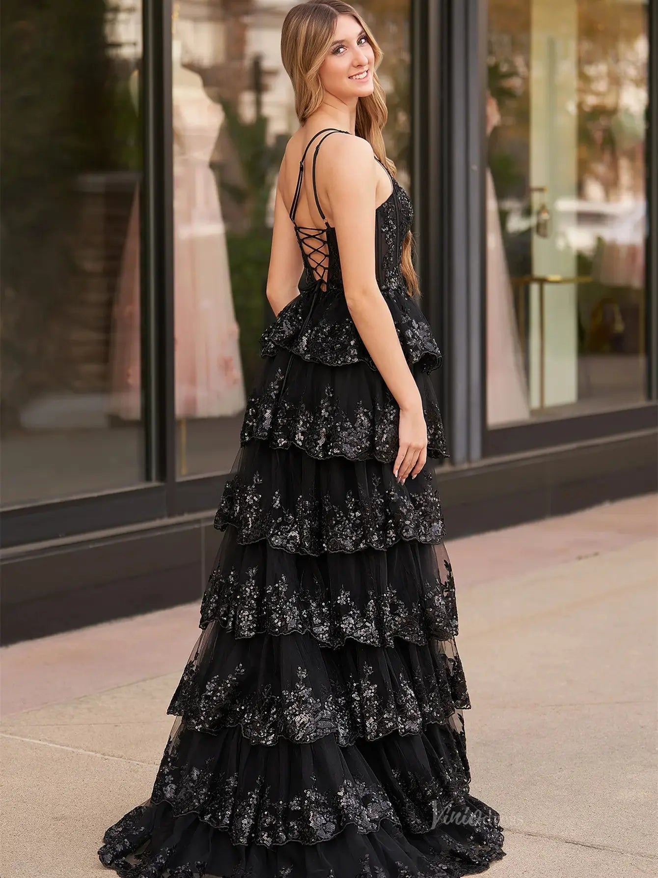 One Shoulder Tiered Prom Dresses with Slit Lace Applique Formal Dresses - FD3637e - Viniodressprom dressesBlackCustom Size - Formal Dresses - Ball Gowns