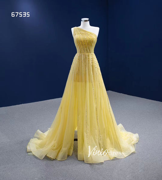 Prom Dress 2025 One Shoulder Yellow Prom Beaded Pageant Gown Formal Dresses 67535-unique prom dresses-Yellow-Custom Size-Viniodress