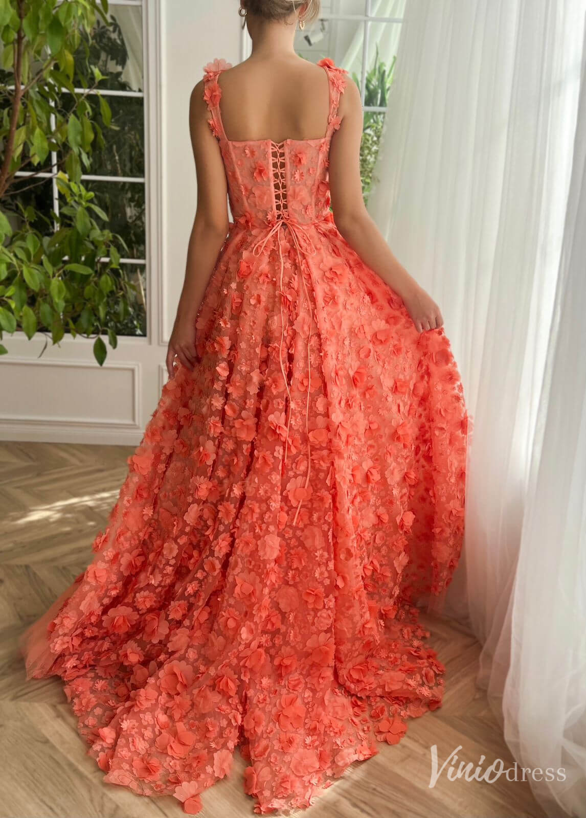 Orange 3D Flower Prom Dresses with Pockets Floral Gown with Slit TO015 - Viniodressprom dressesOrangeCustom Size - Formal Dresses - Ball Gowns