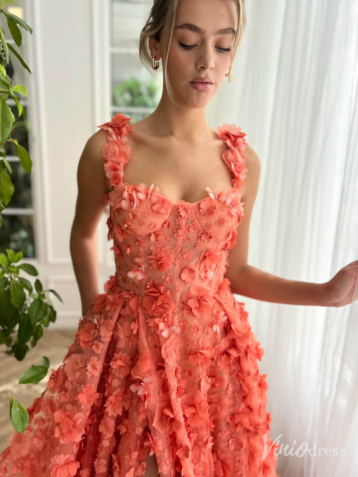 Orange 3D Flower Prom Dresses with Pockets Floral Gown with Slit TO015 - Viniodressprom dressesOrangeCustom Size - Formal Dresses - Ball Gowns