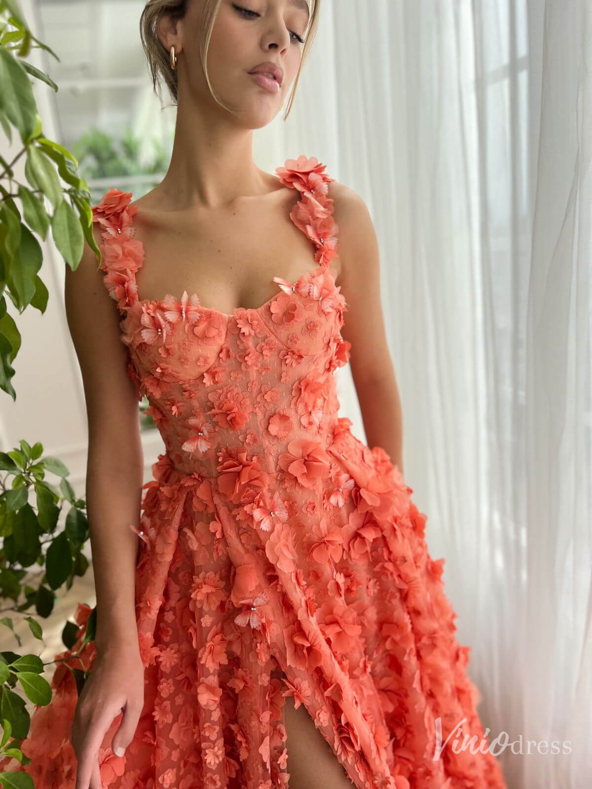 Orange 3D Flower Prom Dresses with Pockets Floral Gown with Slit TO015 - Viniodressprom dressesOrangeCustom Size - Formal Dresses - Ball Gowns