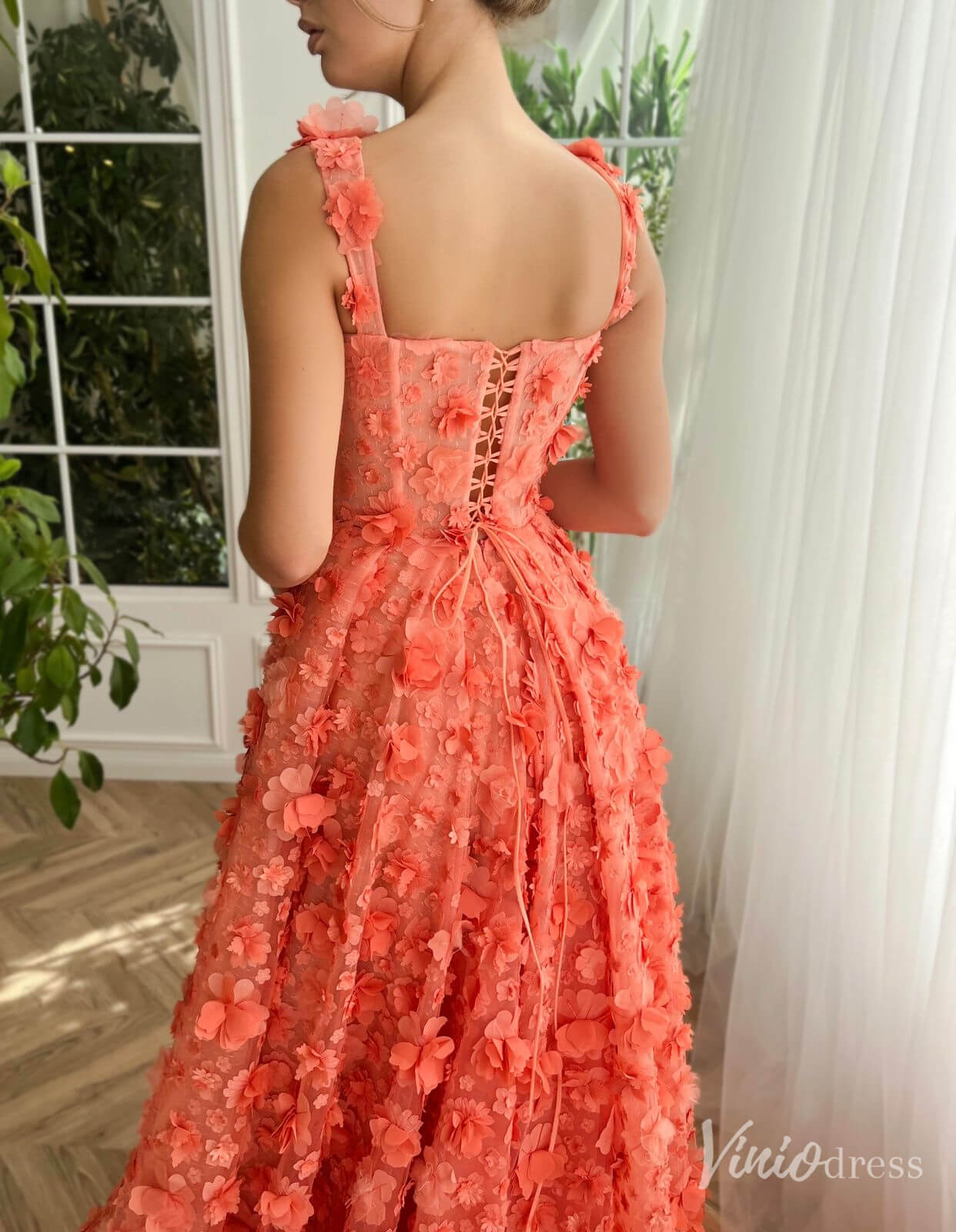 Orange 3D Flower Prom Dresses with Pockets Floral Gown with Slit TO015 - Viniodressprom dressesOrangeCustom Size - Formal Dresses - Ball Gowns