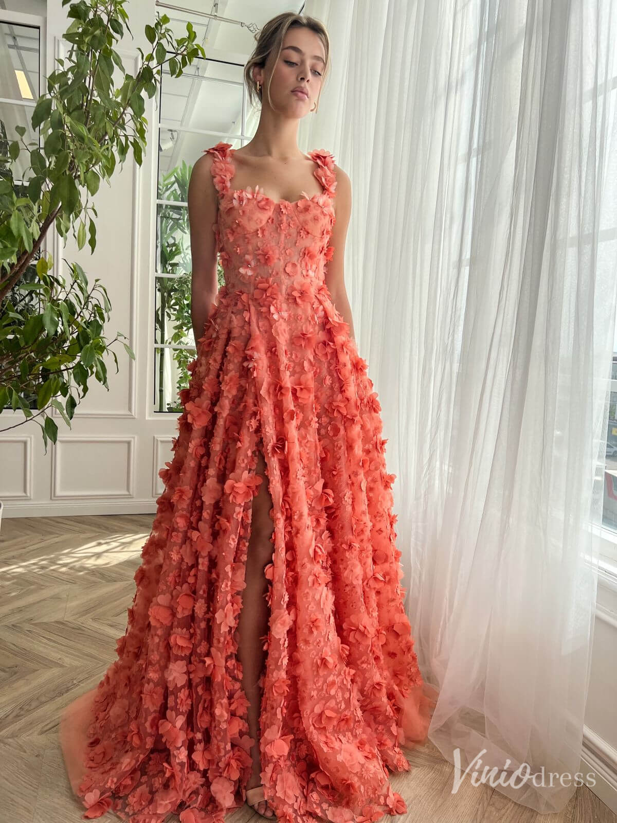 Orange 3D Flower Prom Dresses with Pockets Floral Gown with Slit TO015 - Viniodressprom dressesOrangeCustom Size - Formal Dresses - Ball Gowns