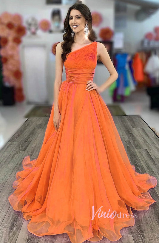 Prom Dress 2025 Orange Chiffon Prom Dresses One Shoulder Evening Gown FD2759-unique prom dresses-Orange-Custom Size-Viniodress