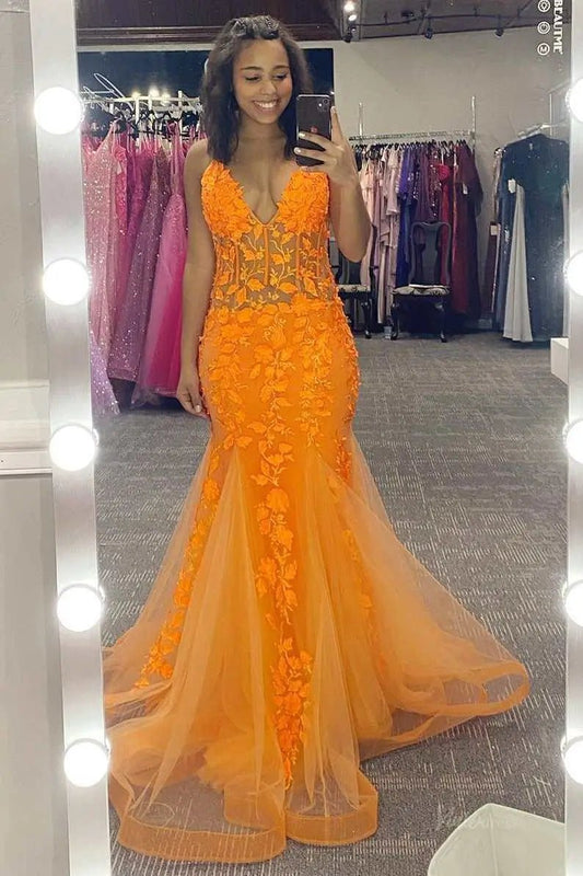 Orange Lace Mermaid Prom Dresses 2025 with Spaghetti Strap & Sheer Boned Bodice – FD5101 - Viniodressprom dressesOrangeCustom Size - Formal Dresses - Ball Gowns