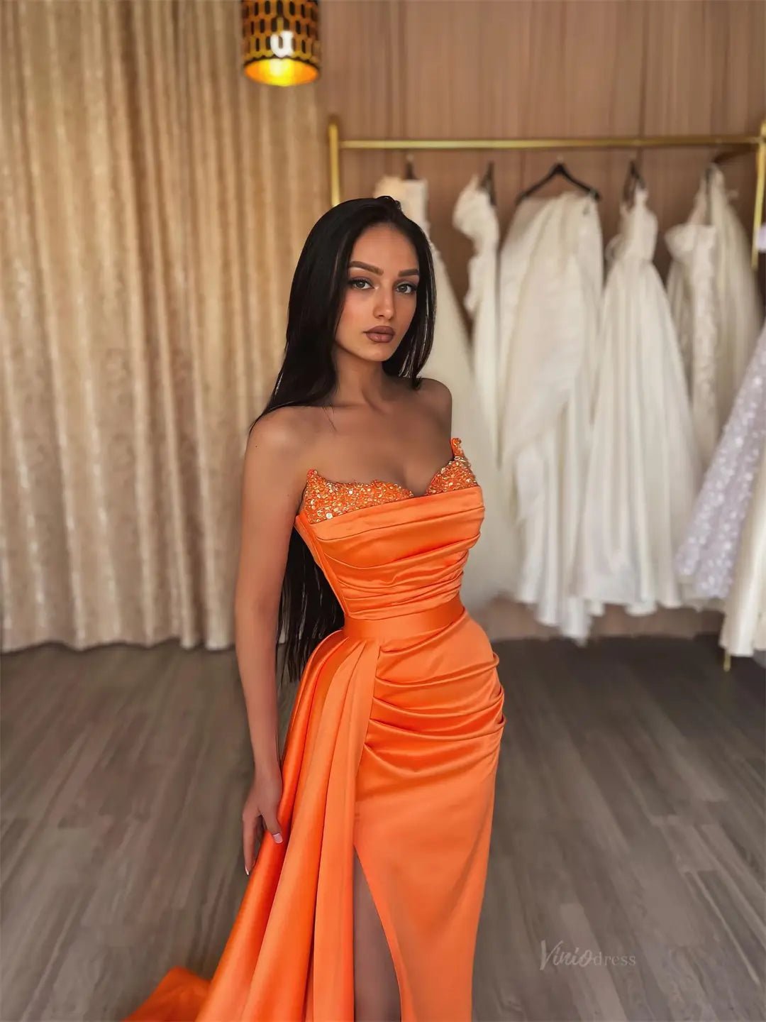 Orange Satin Mermaid Prom Dresses 2025 Sweetheart Neck Formal Gown with High Slit FD5259 - Viniodressprom dressesOrangeCustom Size - Formal Dresses - Ball Gowns