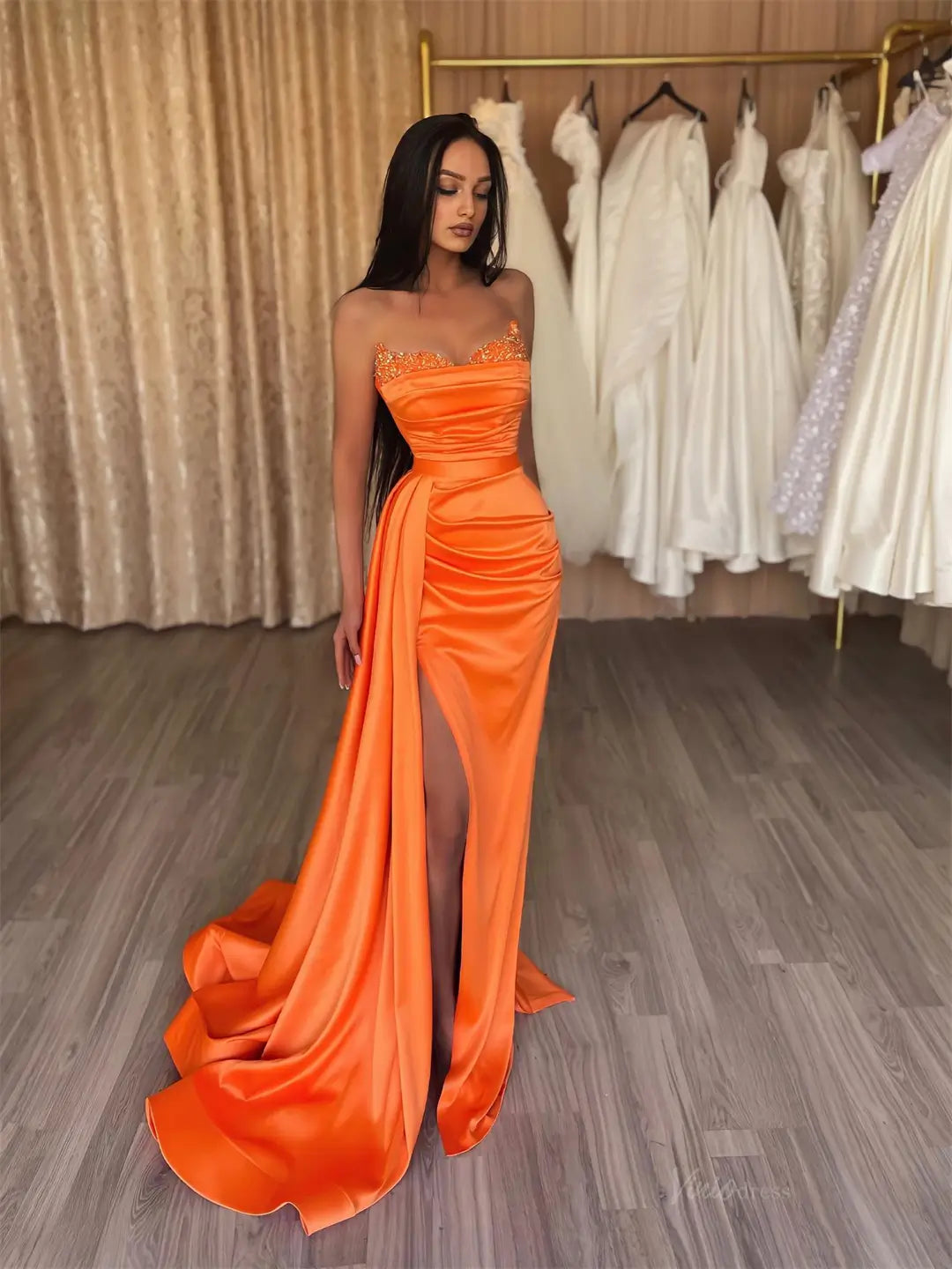 prom dresses 2025-to impress Orange Satin Mermaid Prom Dresses 2025 Sweetheart Neck Formal Gown with High Slit FD5259-plus size wedding dresses Viniodress-Orange-Custom Size-