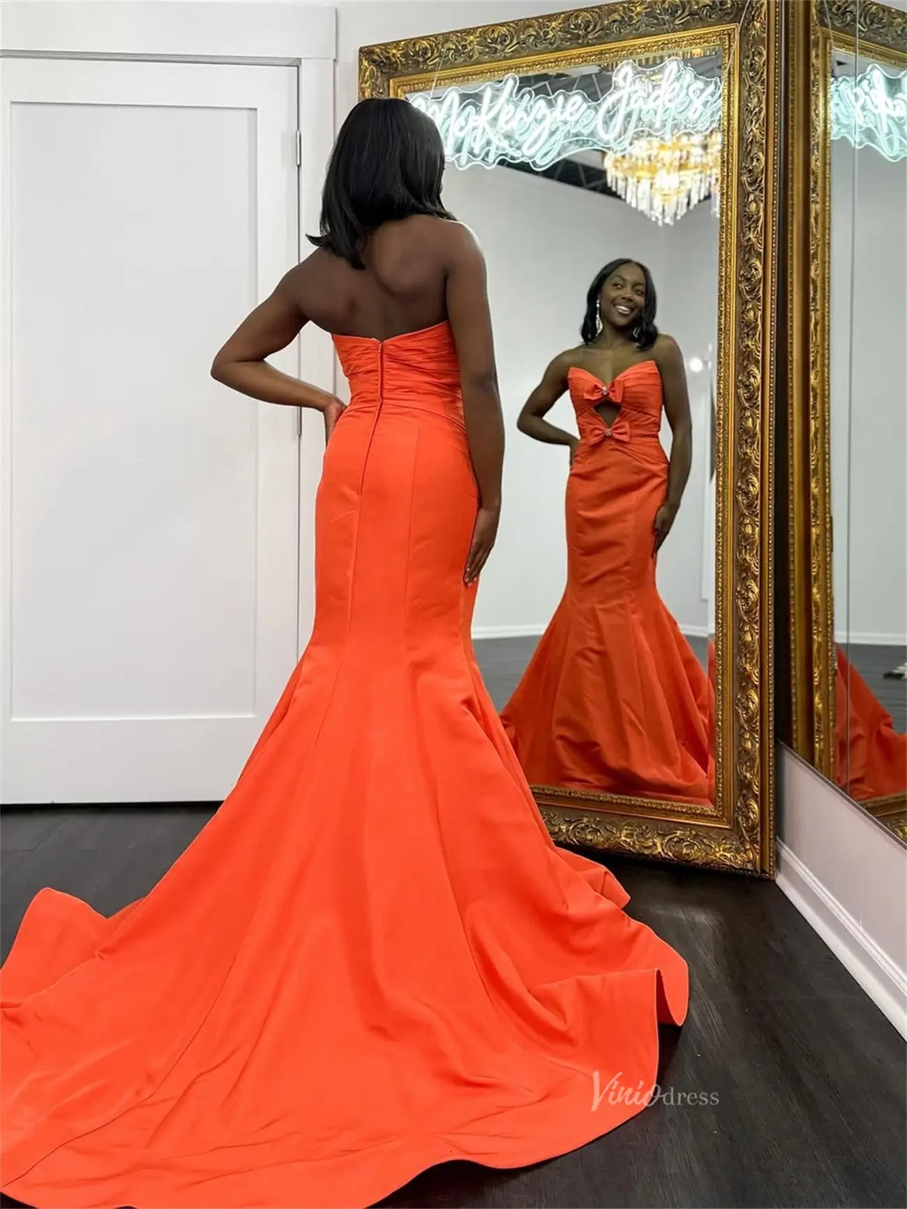 Orange Satin Mermaid Prom Dresses with Sweetheart Neckline & Bow - FD6010 - Viniodressprom dressesGreenCustom Size - Formal Dresses - Ball Gowns